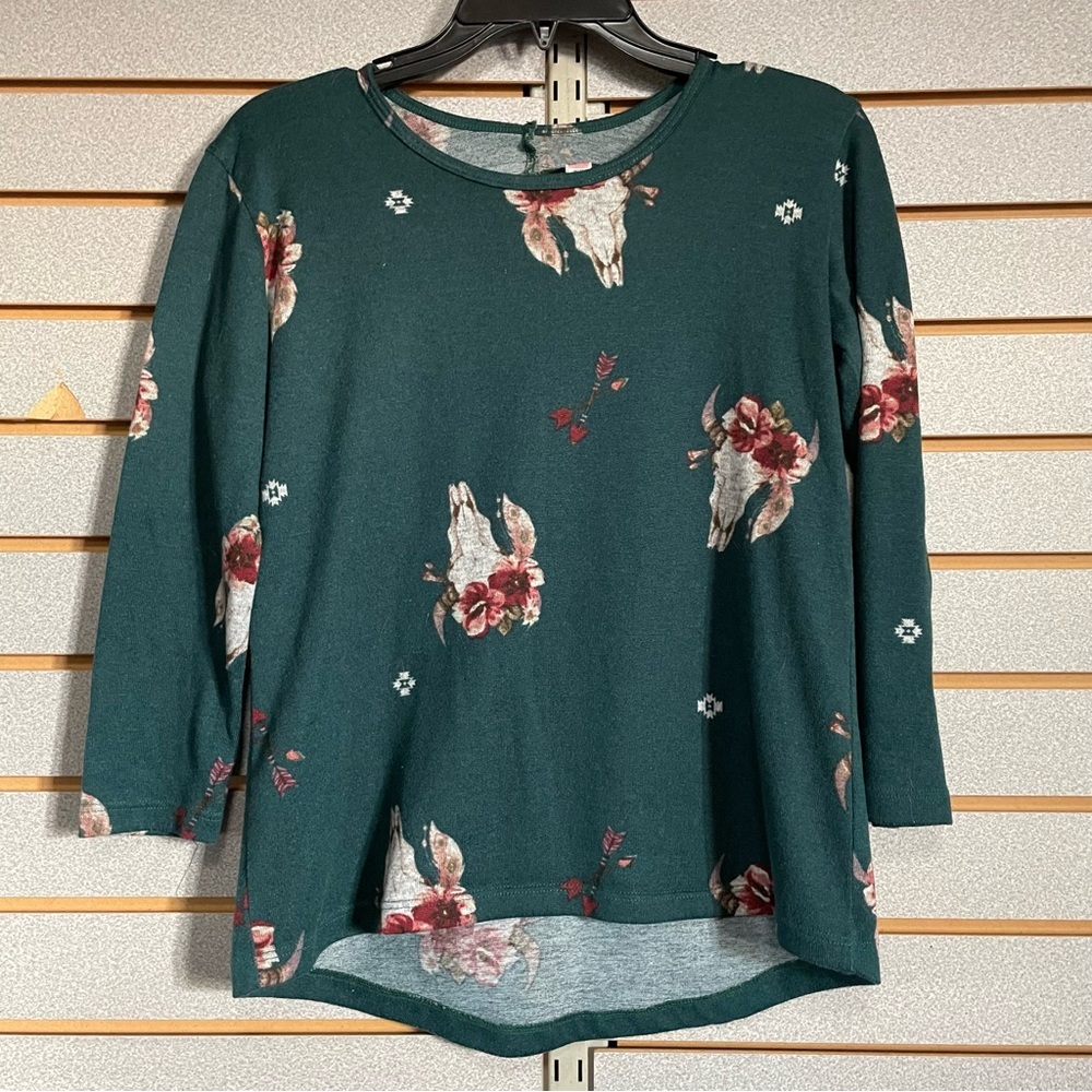 Jody California Small Green Bull Steer‎ Head Long Sleeve Shirt Flowers